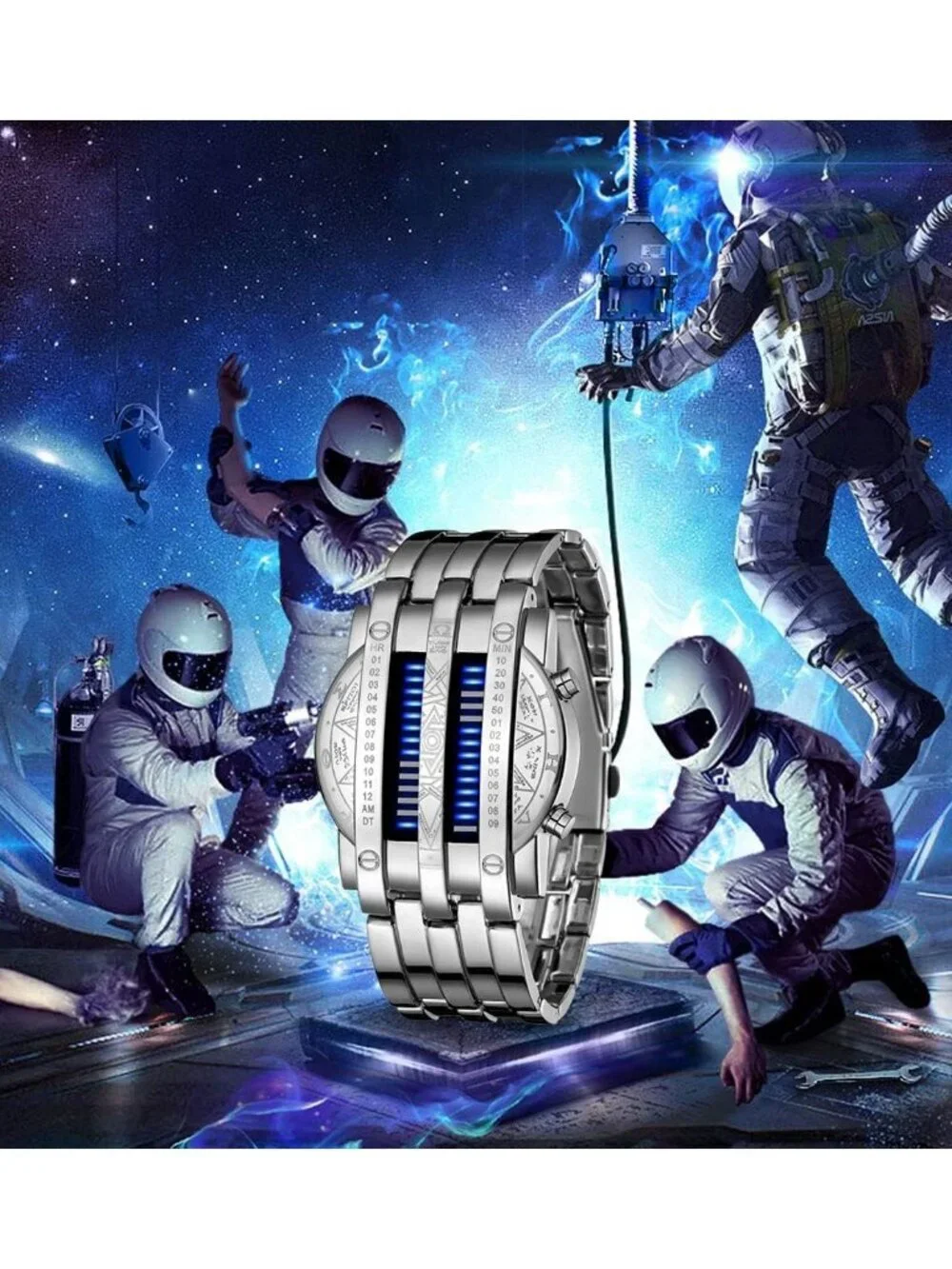 Men's Silver Blue Analog Quartz Bracelet Waterproof Binary Matrix Digital Watch